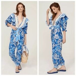 FARM Rio Anthropologie Full of Flowers Crochet Blue Floral Linen Jumpsuit M $260